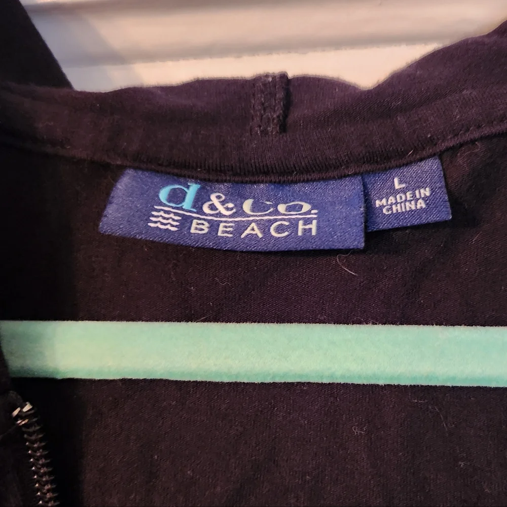 D&Co. Beach Black Zip Up Coverup, Tunic, Hoodie, Sz L, EUC Pockets Pool Summer